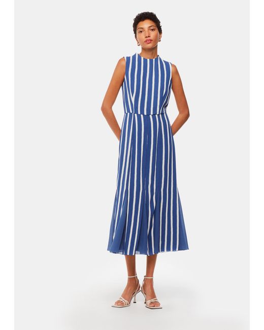 Whistles Blue Crinkle Stripe Midi Dress