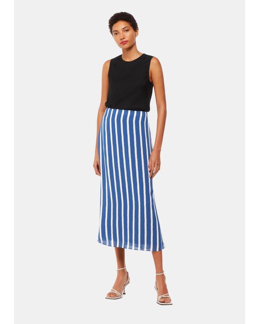 Whistles Blue Crinkle Stripe Midi Skirt