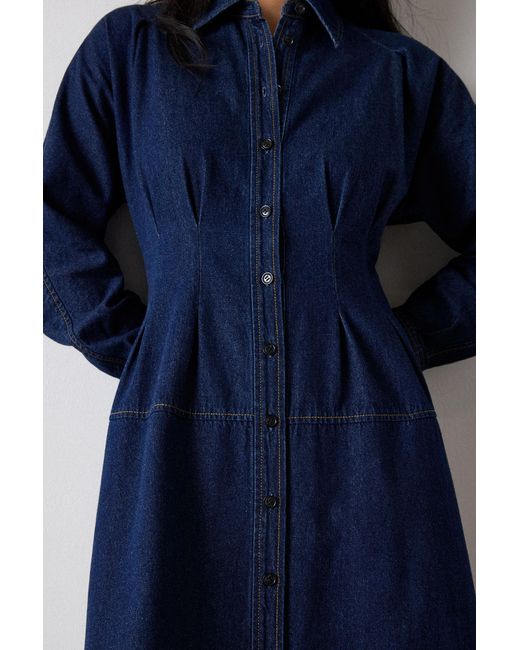 Whistles Blue Waisted Midi Shirt Dress