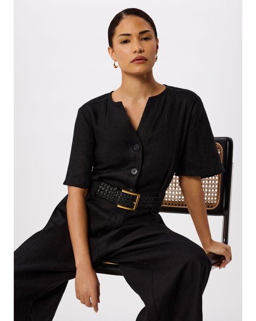 Whistles Black Petite Fiona Linen Button Jumpsuit
