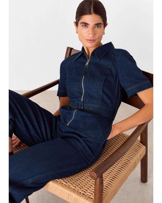 Whistles Blue Pintuck Belted Jumpsuit