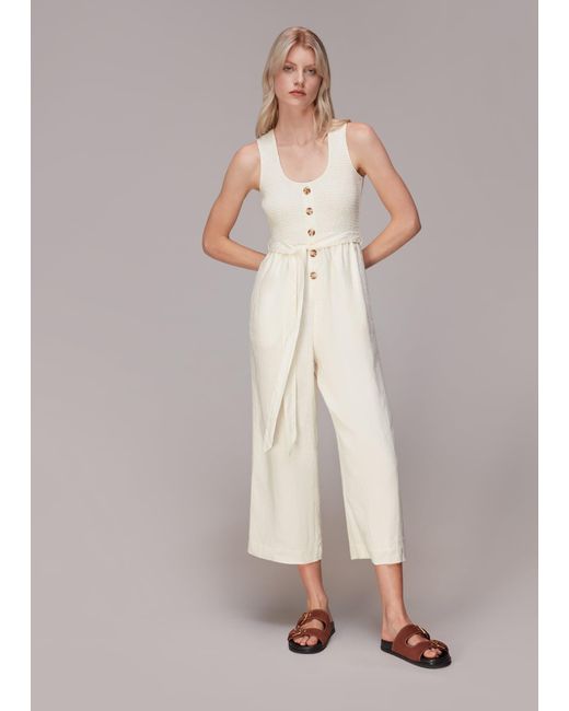 Whistles White Shirred Linen Jumpsuit
