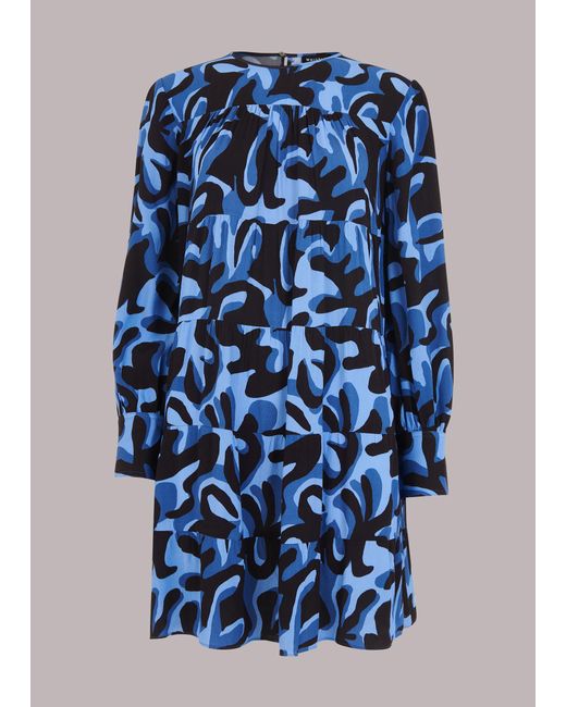 Whistles Blue Foliage Print Tiered Dress