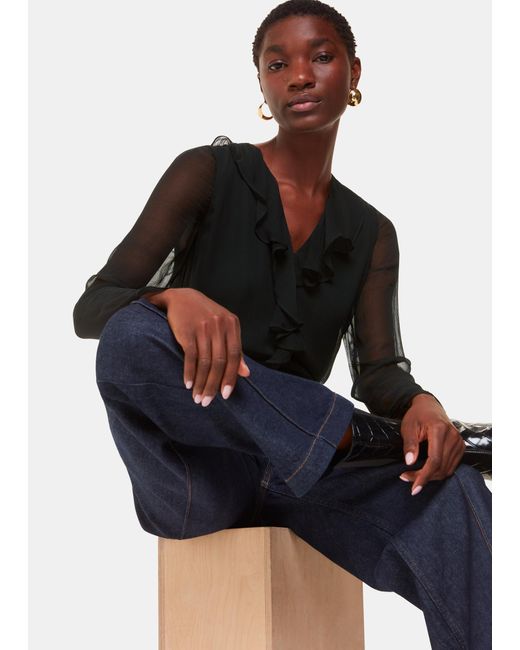 Whistles Black Sheer Sleeve Ruffled Collar Blouse
