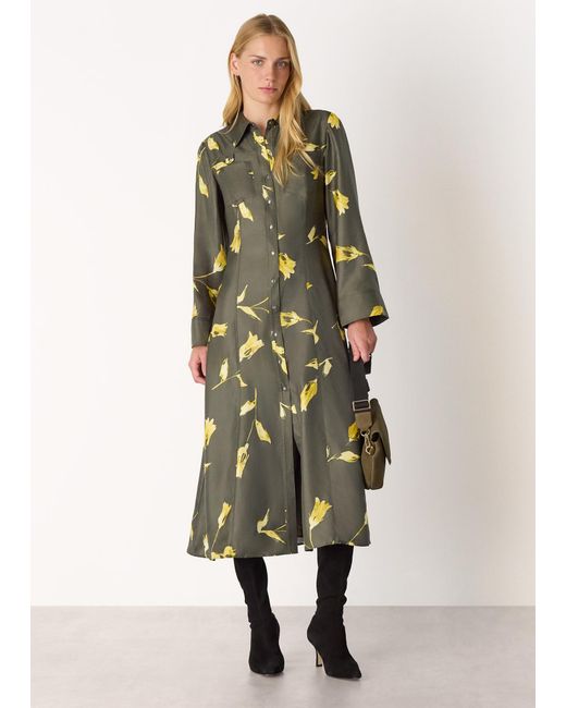 Whistles Green Floral Silk Shirt Midi Dress