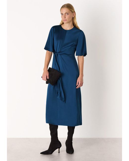 Whistles Blue Satin Twist Waist Midi Dress