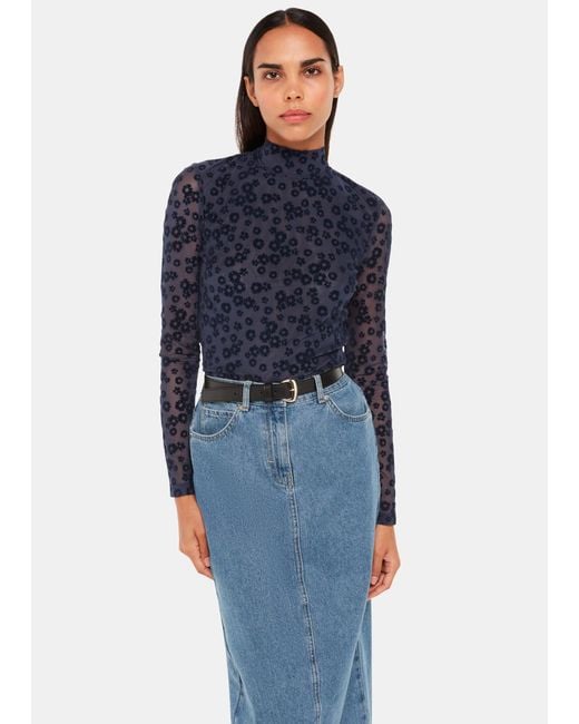 Whistles Blue Flower Crew Neck Mesh Top