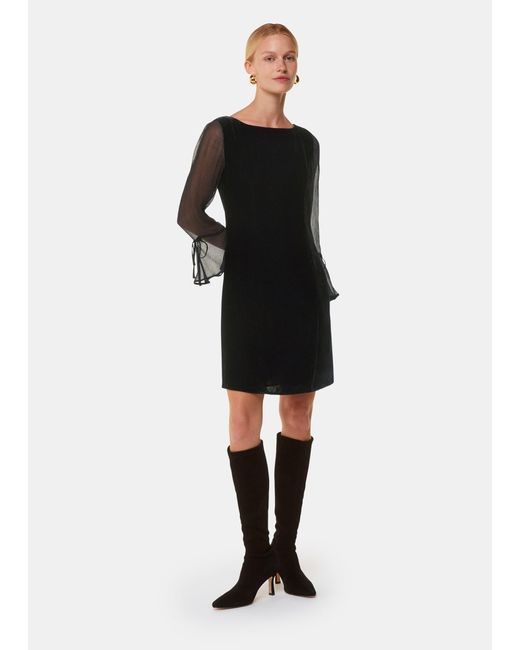 Whistles Black Flared Velvet Mini Dress Mesh Tie Sleeves