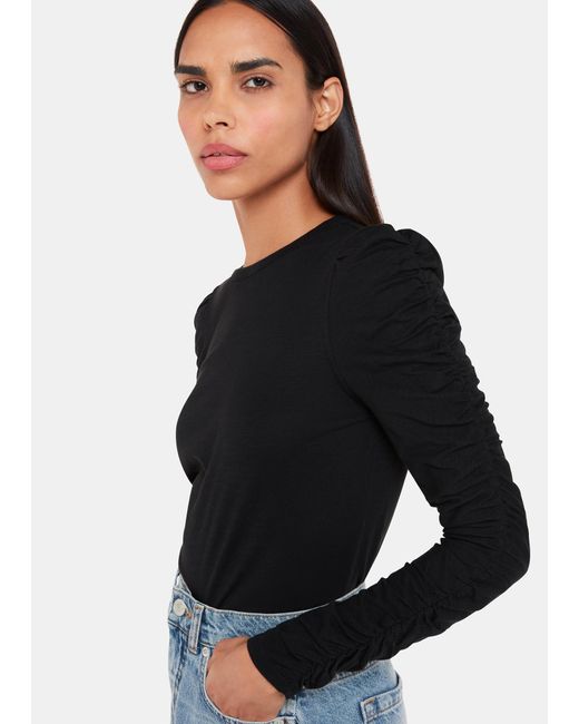 Whistles Black Ruched Sleeve Top