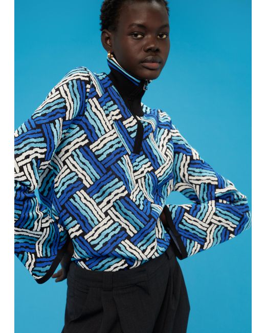 Whistles Blue Jacquard Zip Neck Knit