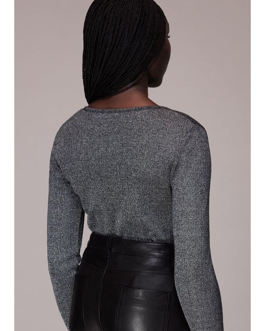 Whistles Gray Long Sleeve Sparkle V Neck Top