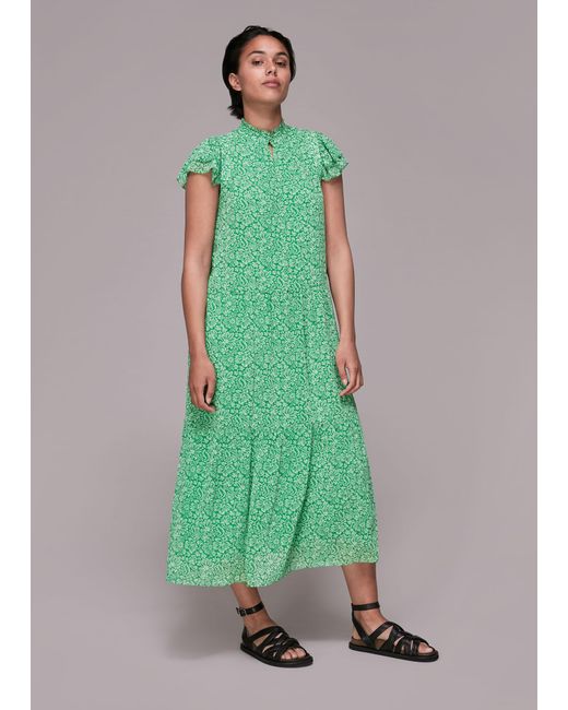 Whistles Green Indo Floral Print Tiered Dress
