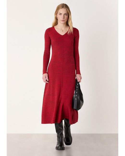Whistles Red Melange Ribbed Midi Knit Dress