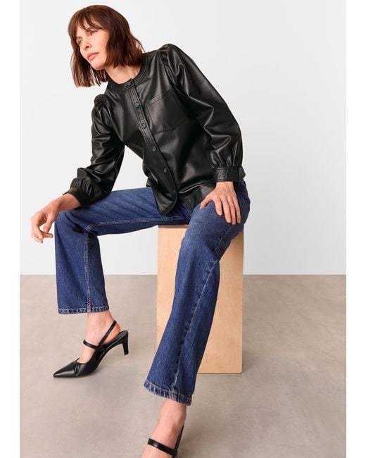 Whistles Black Leather Gathered Sleeve Shirt