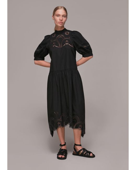 Whistles Black Broderie Cutwork Poplin Dress