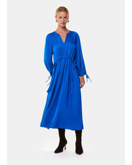 Whistles Blue Molly Satin Ruched Dress