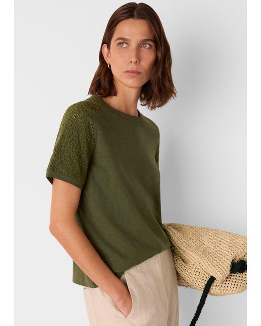 Whistles Green Broderie Sleeve Detail Tee