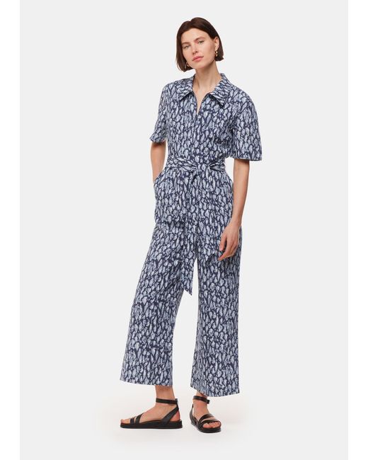 Whistles Blue Leopard Linen Blend Jumpsuit