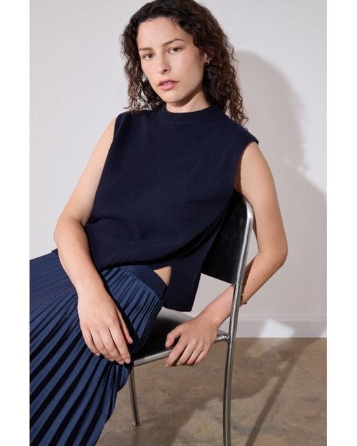 Whistles Blue Satin Pleated Midi Skirt