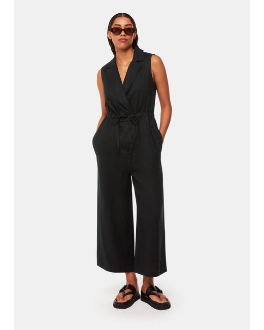 Whistles Black Bella Linen Wrap Jumpsuit