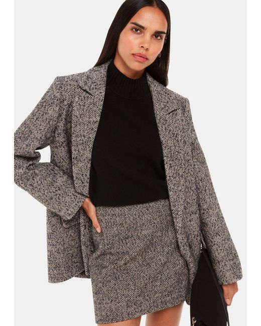 Whistles Brown Herringbone Wool Mini Skirt