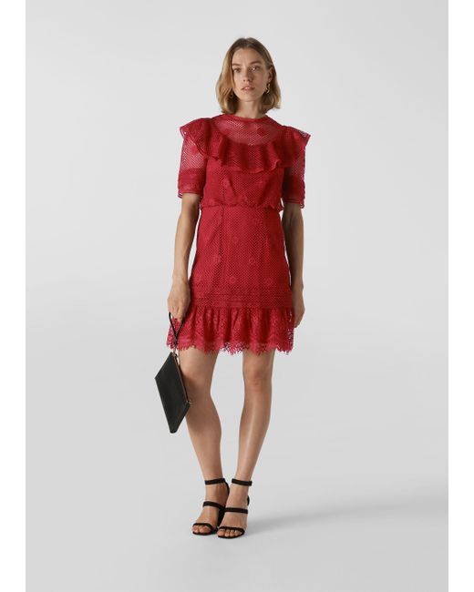 Whistles Red Mariah Lace Ruffle Dress