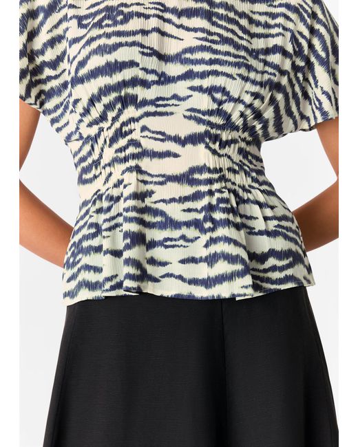 Whistles Blue Feathered Tiger Shirred Blouse
