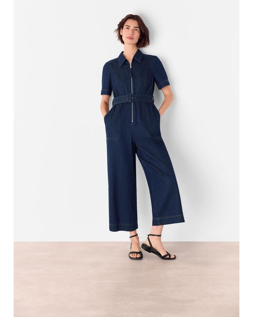 Whistles Blue Pintuck Belted Jumpsuit