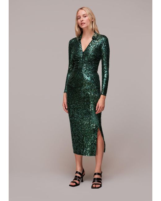 Whistles Green Sequin Column Skirt
