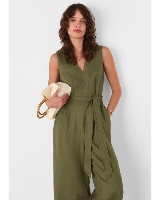 Whistles Green Belted Seamed Linen Jumpsuit