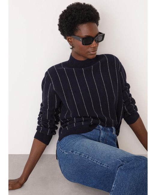 Whistles Blue Stripe Wool Funnel Neck Knit