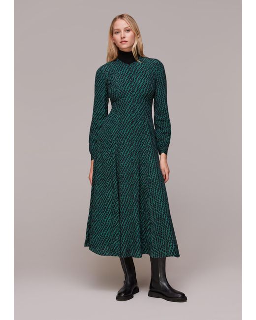 Whistles Green Brushed Geo Print Midi Dress