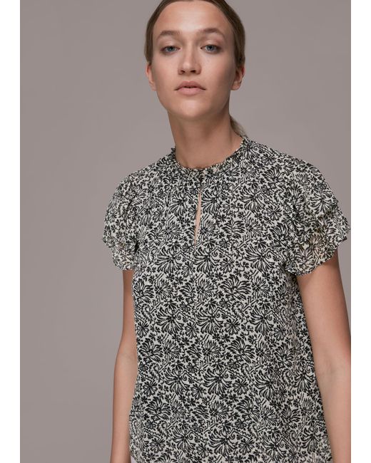 Whistles Gray Indo Floral Print Top