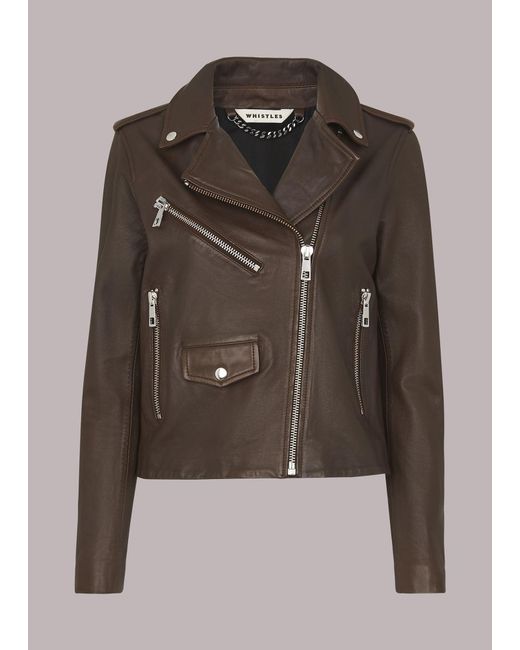 Whistles Brown Agnes Pocket Leather Jacket