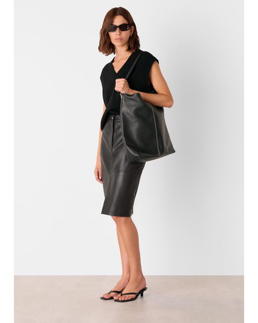 Whistles Black Leather Front Split Midi Skirt