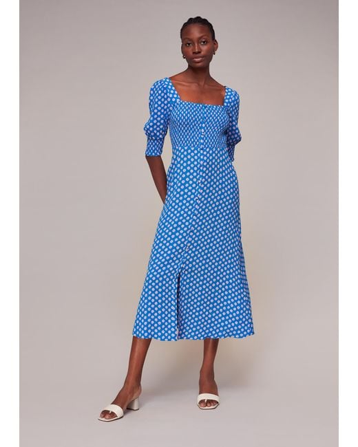 Whistles Blue Floral Sunburst Shirred Dress