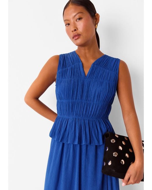Whistles Blue Petite Shirred V Neck Midi Dress