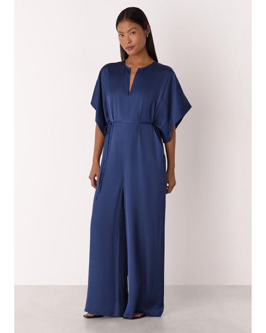 Whistles Blue Petite Satin Short Sleeve Jumpsuit