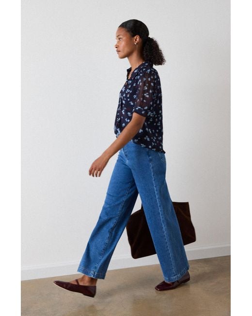 Whistles Blue Floral Short Sleeve Viscose Pintuck Blouse