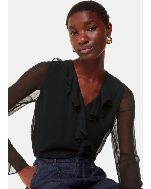 Whistles Black Sheer Sleeve Ruffled Collar Blouse