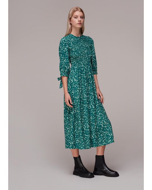 Whistles Green Sahara Cat Shirred Midi Dress