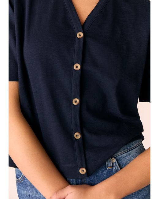 Whistles Blue Ella V Neck Button Through Tee