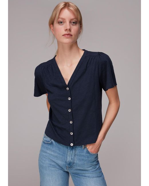 Whistles Blue Maeve V Neck Button Front Tee