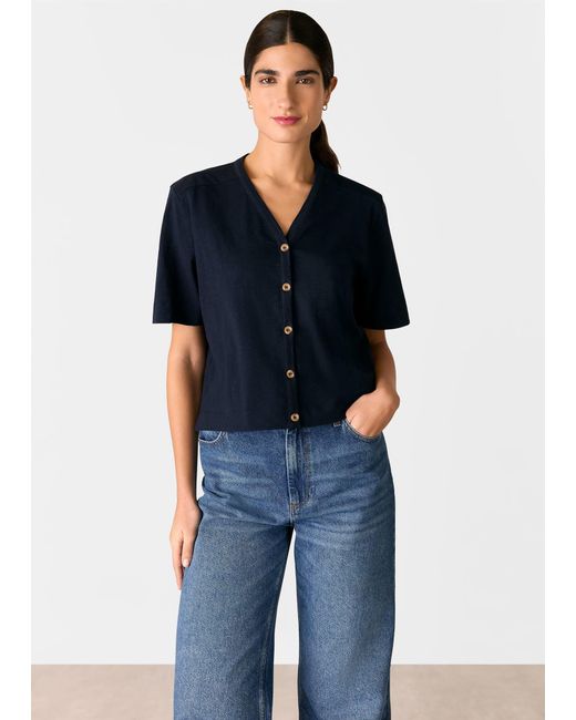 Whistles Blue Ella V Neck Button Through Tee