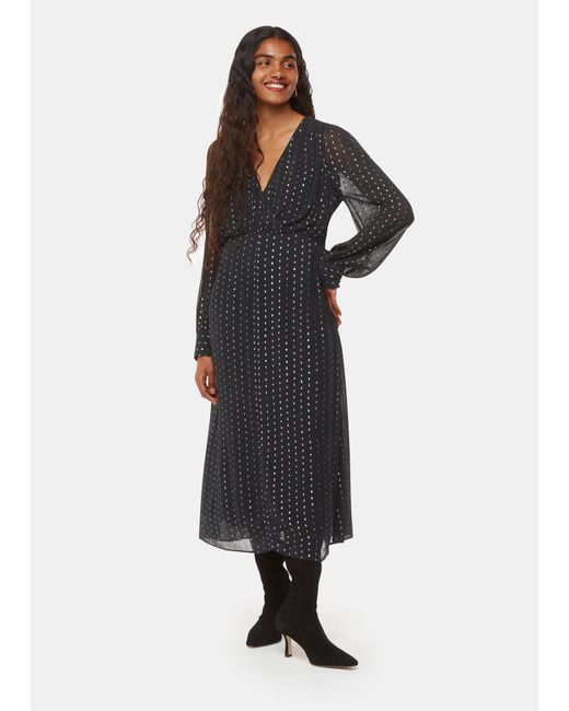 Whistles Black Petite Metallic Stripe Midi Dress