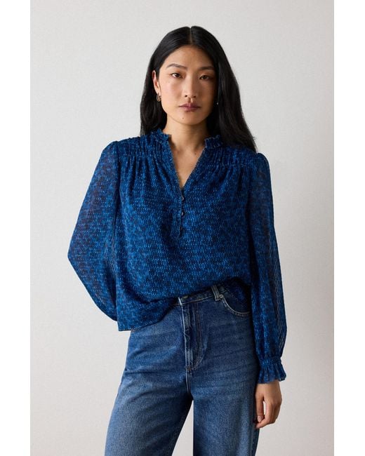 Whistles Blue Floral Textured V Neck Blouse