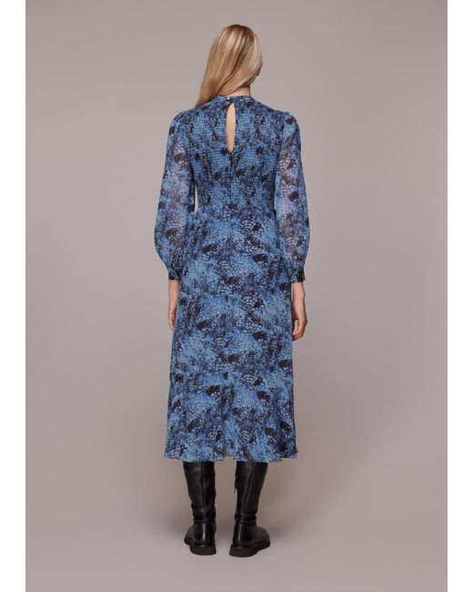 Whistles Blue Snow Flurry Shirred Midi Dress