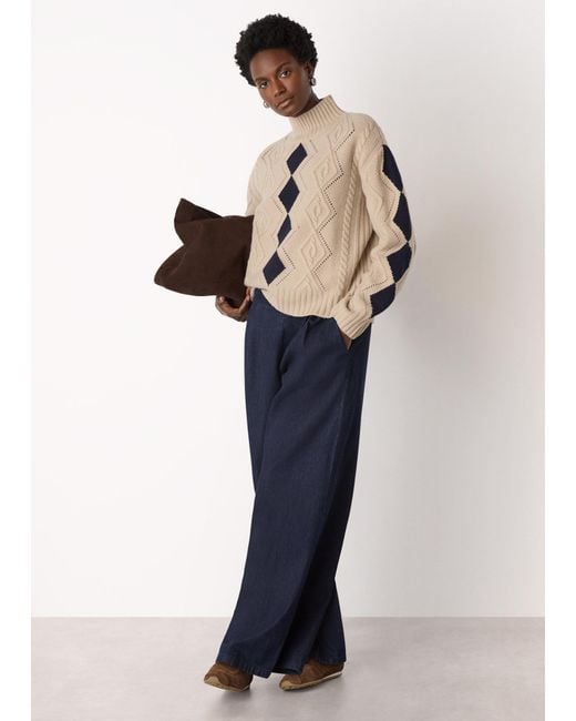 Whistles Blue Diamond Cable Wool Detail Knit