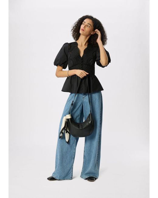 Whistles Black Cotton Broderie V Neck Blouse