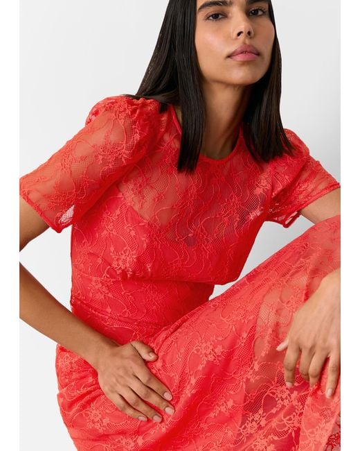 Whistles Red Fay Lace Midi Dress